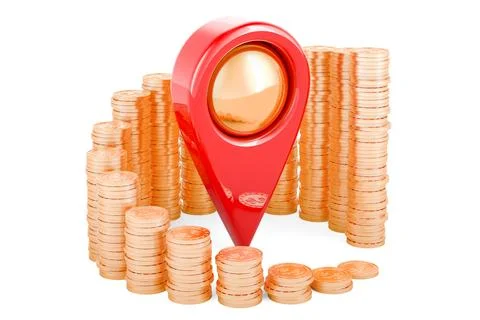 Map pointer with growing chart from gold coins around, 3D rendering 库存插图