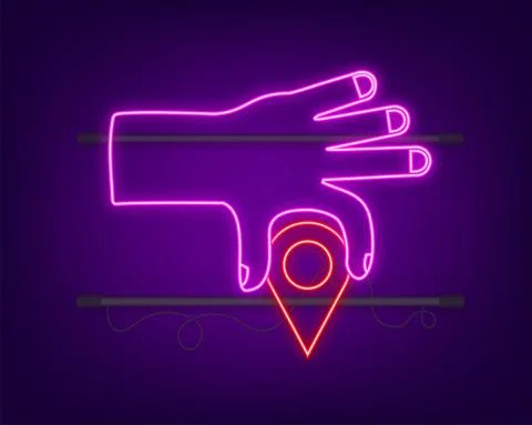 Map pointer in hand neon on dark background. Vactor stock illustration. Stock Illustration