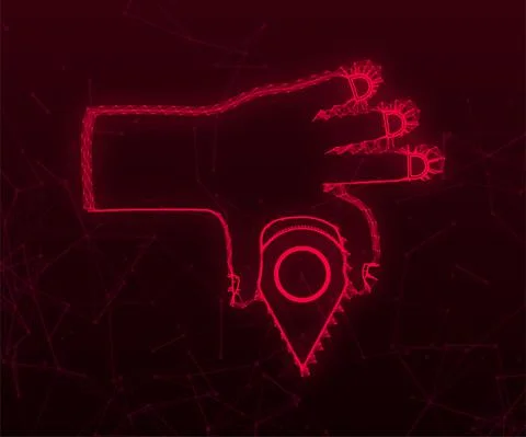 Map pointer in hand plexus style icon on red background. Vactor stock Stock Illustration