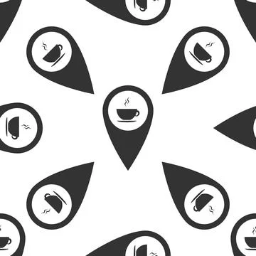Map pointer with hot coffee cup icon seamless pattern on white background. Flat イラスト素材