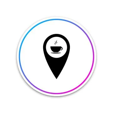 Map pointer with hot coffee cup icon isolated on white background. Circle white Stockillustratie