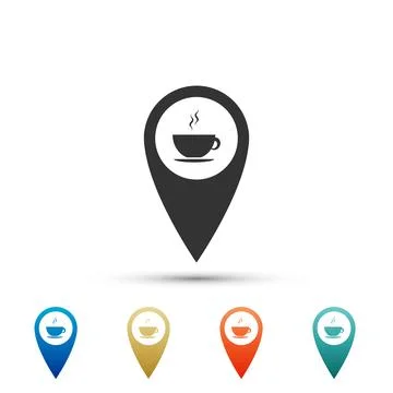 Map pointer with hot coffee cup icon isolated on white background. Set elements 스톡 일러스트