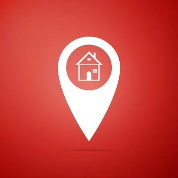 Map pointer with house icon isolated on red background. Home location marker Stock Illustration