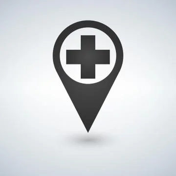 Map pointer icon with cross hospital symbol position. Stock Illustration