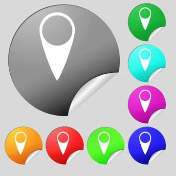 Map pointer icon. GPS location symbol. Set of eight multi colored round butto Stock Illustration
