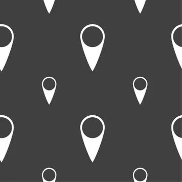 Map pointer icon. GPS location symbol. Seamless pattern on a gray background. Illustrazione stock