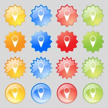 Map pointer icon. GPS location symbol. Big set of 16 colorful modern buttons for Stock Illustration