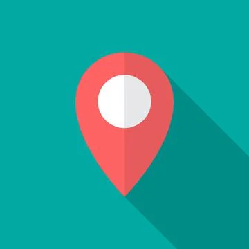 Map pointer icon with long shadow. Flat design style. Stock Illustration