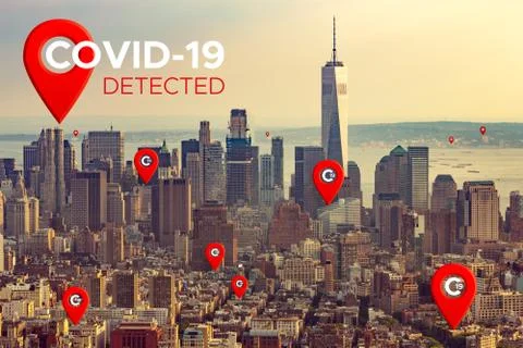Map pointer icon on New York background. COVID-19 Foto stock
