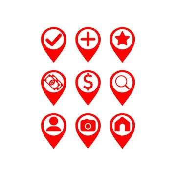 Map pointer icon set: pharmacy, store, currency exchange or geo pin, location Stock Illustration
