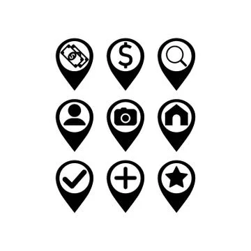 Map pointer icon set: pharmacy, store, currency exchange or geo pin, location Stock Illustration