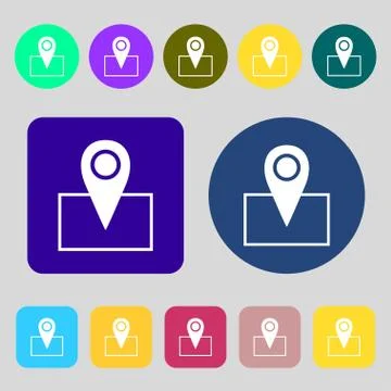 Map pointer icon sign. 12 colored buttons. Flat design. Vector Stock Illustration