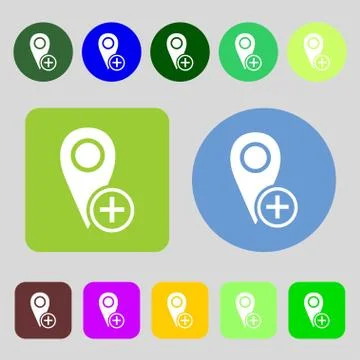 Map pointer icon sign. 12 colored buttons. Flat design. Stock Illustration