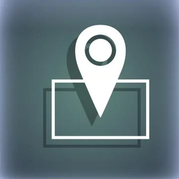 Map pointer icon sign. On the blue-green abstract background with shadow and spa Stock Illustration