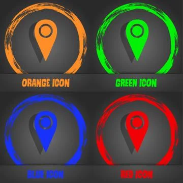 Map pointer icon sign. Fashionable modern style. In the orange, green, blue,  Stock Illustration