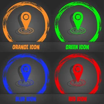 Map pointer icon sign. Fashionable modern style. In the orange, green, blue,  Stockillustratie