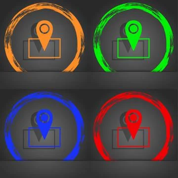 Map pointer icon sign. Fashionable modern style. In the orange, green, blue, red Stockillustratie