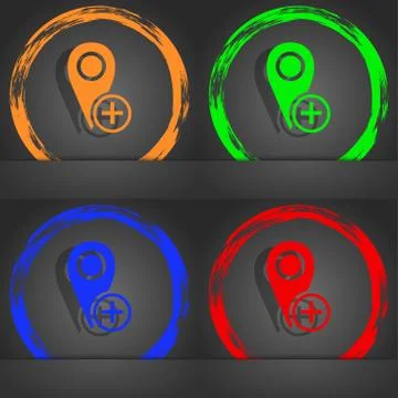 Map pointer icon sign. Fashionable modern style. In the orange, green, blue, red Stock Illustration