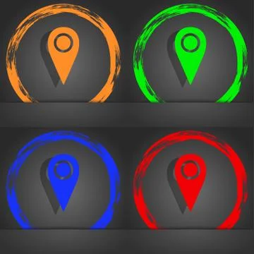 Map pointer icon sign. Fashionable modern style. In the orange, green, blue, red Stock Illustration