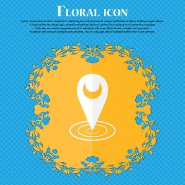 Map pointer icon sign. Floral flat design on a blue abstract background with  Stock Illustration