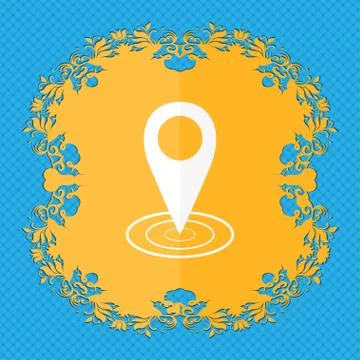 Map pointer icon sign. Floral flat design on a blue abstract background with pla Stock Illustration
