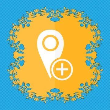 Map pointer icon sign. Floral flat design on a blue abstract background with pla Stock Illustration