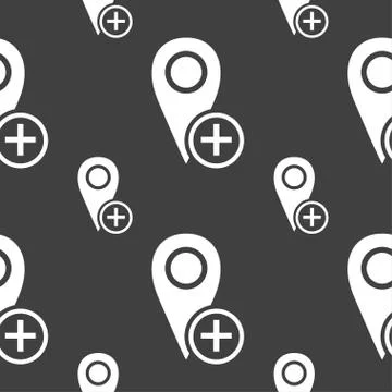 Map pointer icon sign. Seamless pattern on a gray background. Vector Stock Illustration