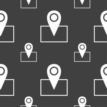 Map pointer icon sign. Seamless pattern on a gray background. Vector Stock Illustration