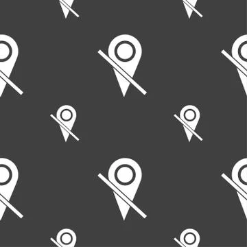 Map pointer icon sign. Seamless pattern on a gray background. Vector Stock Illustration