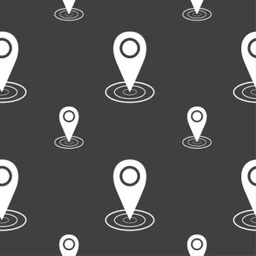 Map pointer icon sign. Seamless pattern on a gray background. Vector Stock Illustration