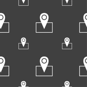 Map pointer icon sign. Seamless pattern on a gray background. Vector Stock Illustration