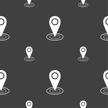 Map pointer icon sign. Seamless pattern on a gray background. Vector Illustrazione stock