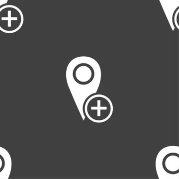 Map pointer icon sign. Seamless pattern on a gray background. Vector Stock Illustration