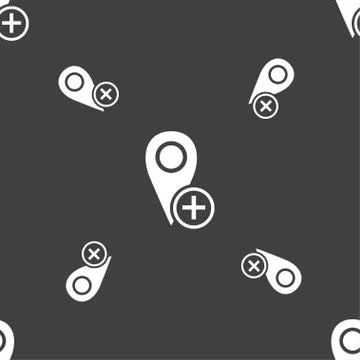 Map pointer icon sign. Seamless pattern on a gray background. Vector Stock Illustration