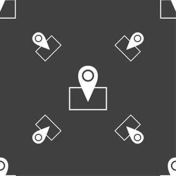 Map pointer icon sign. Seamless pattern on a gray background. Vector Stock Illustration