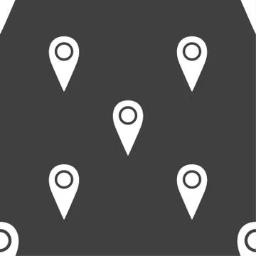 Map pointer icon sign. Seamless pattern on a gray background. Vector Stock Illustration
