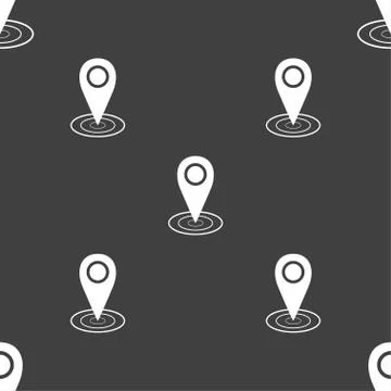 Map pointer icon sign. Seamless pattern on a gray background. Vector Stock Illustration