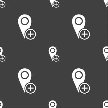 Map pointer icon sign. Seamless pattern on a gray background. Vector Stock Illustration