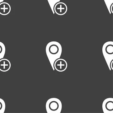 Map pointer icon sign. Seamless pattern on a gray background. Vector 스톡 일러스트