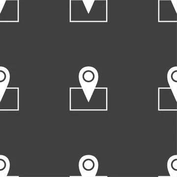 Map pointer icon sign. Seamless pattern on a gray background. Vector Illustrazione stock