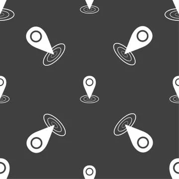 Map pointer icon sign. Seamless pattern on a gray background. Illustrazione stock