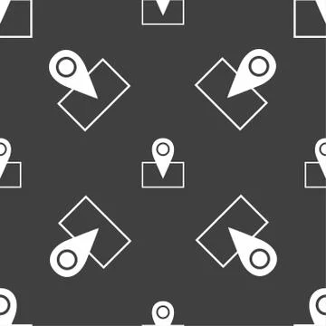 Map pointer icon sign. Seamless pattern on a gray background. Stock Illustration