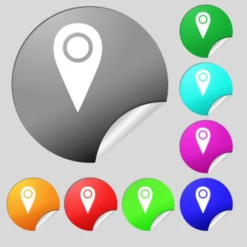 Map pointer icon sign. Set of eight multi colored round buttons, stickers. Ve Stock Illustration
