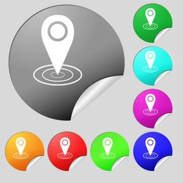 Map pointer icon sign. Set of eight multi colored round buttons, stickers. Ve Stock Illustration