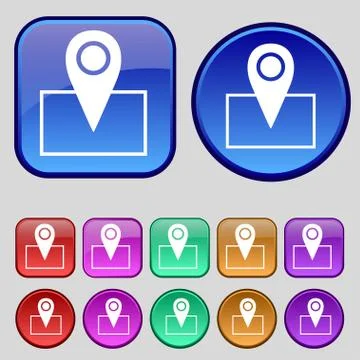 Map pointer icon sign. A set of twelve vintage buttons for your design. Stockillustratie