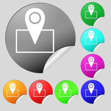 Map pointer icon sign. Set of eight multi colored round buttons, stickers. Stock Illustration
