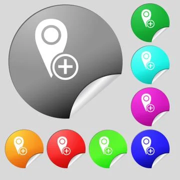 Map pointer icon sign. Set of eight multi colored round buttons, stickers. Stock Illustration