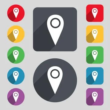 Map pointer icon sign. A set of 12 colored buttons and a long shadow Stock Illustration