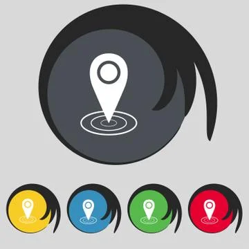 Map pointer icon sign. Symbol on five colored buttons. Vector Stock Illustration