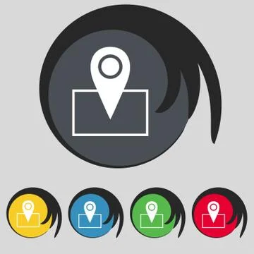 Map pointer icon sign. Symbol on five colored buttons. Vector Stock Illustration